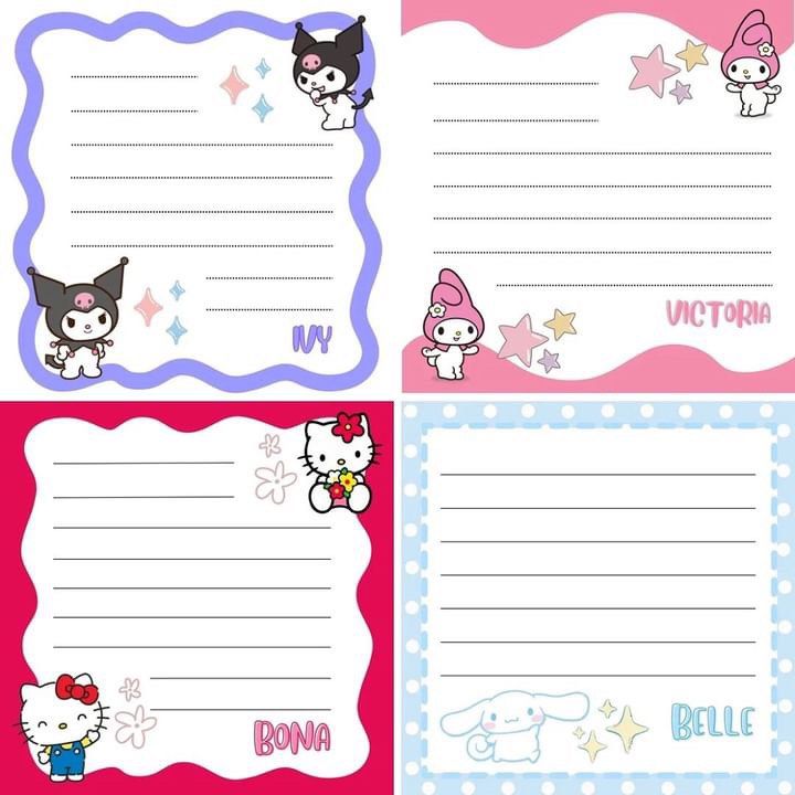 Sanrio and Friends Note Card Pad - Canva Made (Category: Stationery & School Supplies) located in Pasig City. Submitted by beldc (Listing ID 1320583010, Image 1). Description: - 4 templates of Sanrio and Friends Note Card Pad - Canva Made ( Melody, Kuromi, Cinnamoroll, Hello Kitty only) - Canva made and all used elements are FREE. - File can be viewed via link provided from Canva App. Please make sure that you have Canva App downloaded on your de