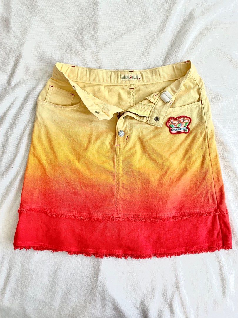 thrifted y2k jfashion angel blue gradience yellow red denim mid length skirt
