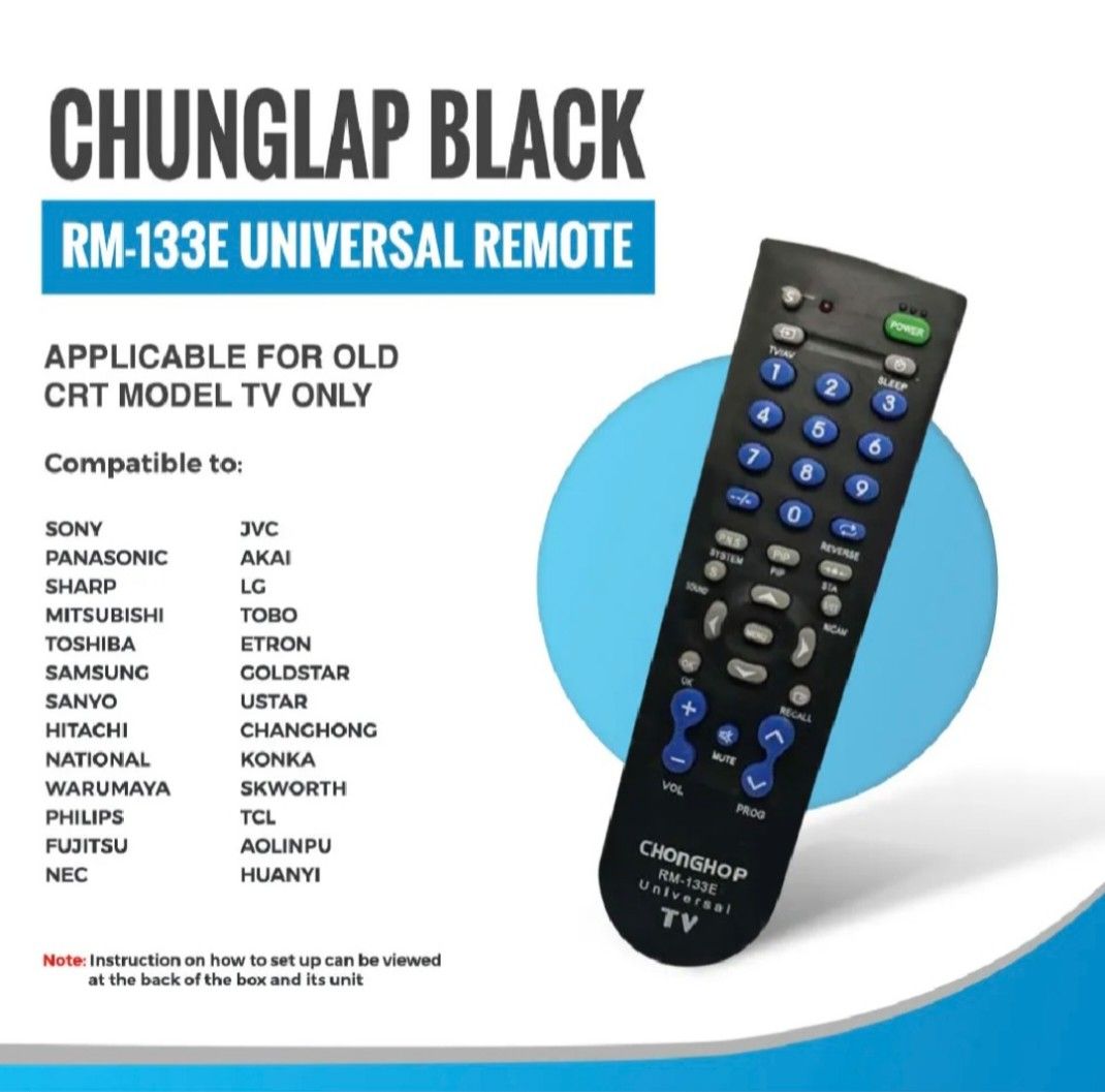 Universal tv remore (Category: TV Parts & Accessories) located in Marikina City. Submitted by andreah2931 (Listing ID 1320751866, Image 1). Description: APPLICABLE FOR OLD CRT MODEL TV ONLY Compatible to: SONY PANASONIC SHARP MITSUBISHI TOSHIBA SAMSUNG SANYO HITACHI NATIONAL WARUMAYA PHILIPS FUJITSU NEC Jvc AKAI LG TOBO ETRON GOLDSTAR USTAR CHANGHONG KONKA SKWORTH TCL AOLINPU HUAN delivery 🛵lalamove Pick up @ 📍loc: sto.niño marikina city 💸💳mo