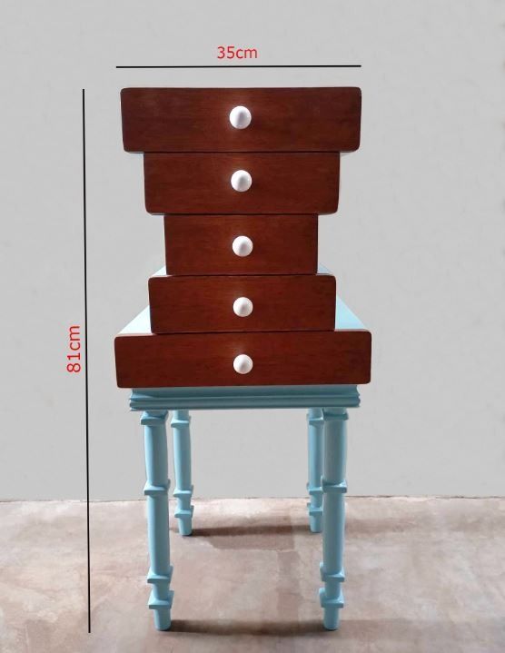 Abacus Five-Drawer End Table (Cyan) (Category: Tables & Sets) located in Paranaque City. Submitted by wilkolyn (Listing ID 1320768878, Image 1). Description: Painted / stained plywood / solid wood with ceramic pulls Approx. 37x35x81cm.