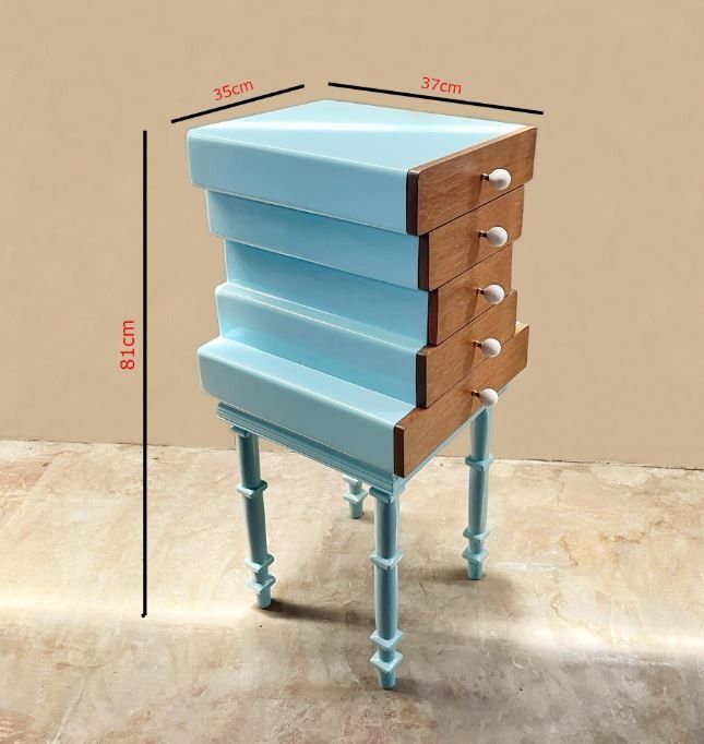 Abacus Five-Drawer End Table (Cyan) (Category: Tables & Sets) located in Paranaque City. Submitted by wilkolyn (Listing ID 1320768878, Image 2). Description: Painted / stained plywood / solid wood with ceramic pulls Approx. 37x35x81cm.