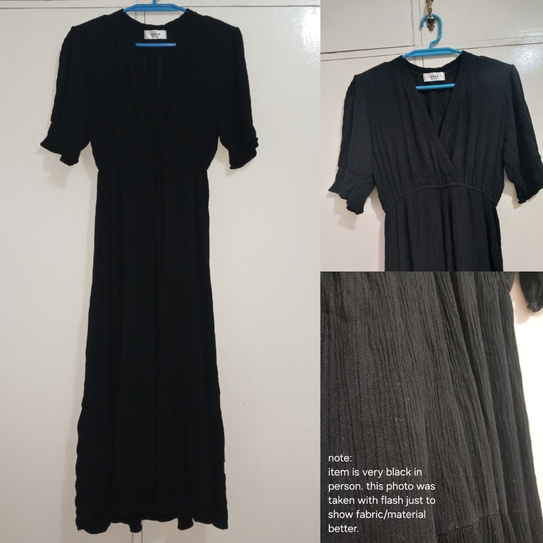 Black Maxi Dress (Aska Korea) (Category: Dresses) located in Magalang. Submitted by mikay__ (Listing ID 1320844222, Image 1). Description: selling this black maxi dress! super comfortable and breathable fabric. you can wear this casually or to formal events fabric: cotton, it has some texture (see photos) size: best fits small to large (super garterized waist!) i only wore this once :) rfs: closet decluttering measurements: garterized waist: 24-3