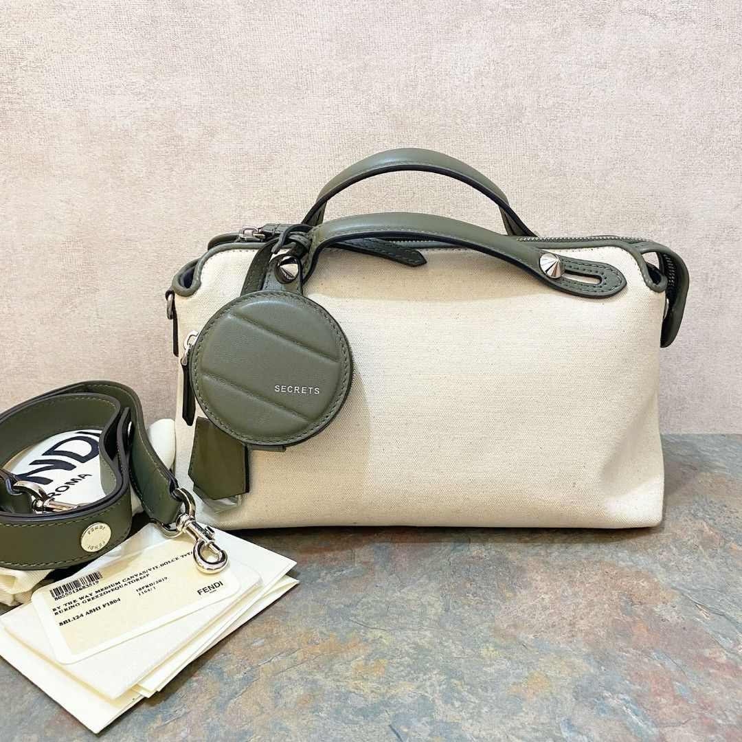 Fast Sale Preloved Fendi BTW Medium Canvas With Olive Green Leather 2019 size 28 x 15 x 13 cm With strap booklet and dustbag Nett Exclude