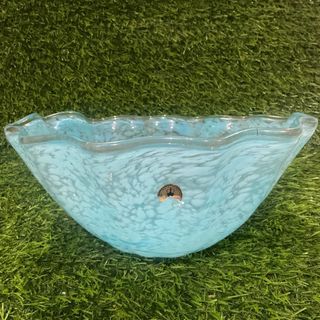 Iwata Teal Green Marble Confetti Bowl Handblown Art Glass Ruffle Rim Swirl Pattern Vase with Sticker and Flaw as posted 11” x 6.5” inches - P1,800.00