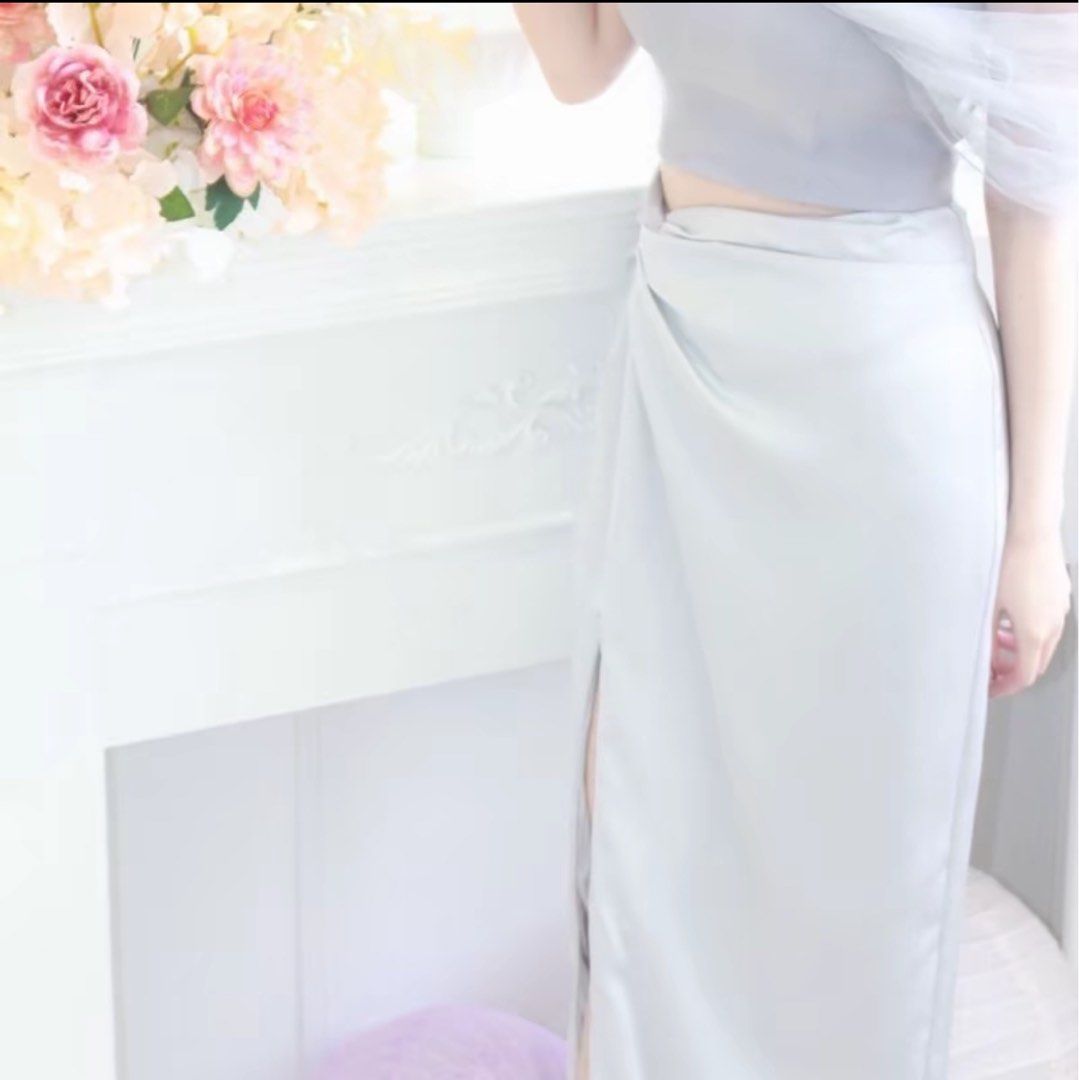 White satin twist front midi skirt cheap