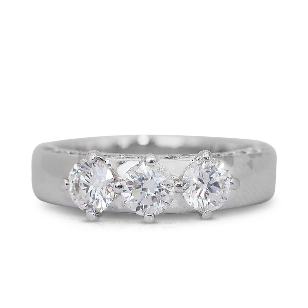 Luminous 1 carat and 40 points Natural Diamond 3-Stone Ring in 18k ...