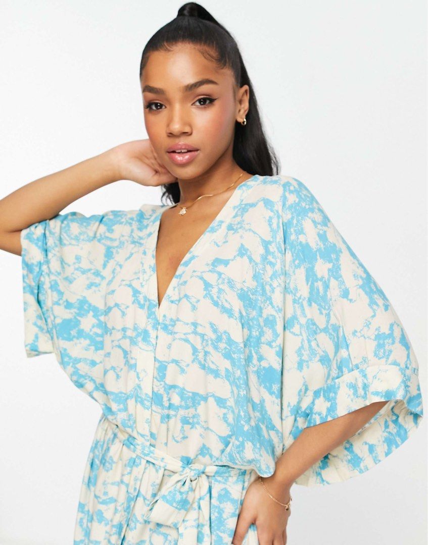 Monki oversized midi dress with kimono sleeves and front split in abstract print free postage sm