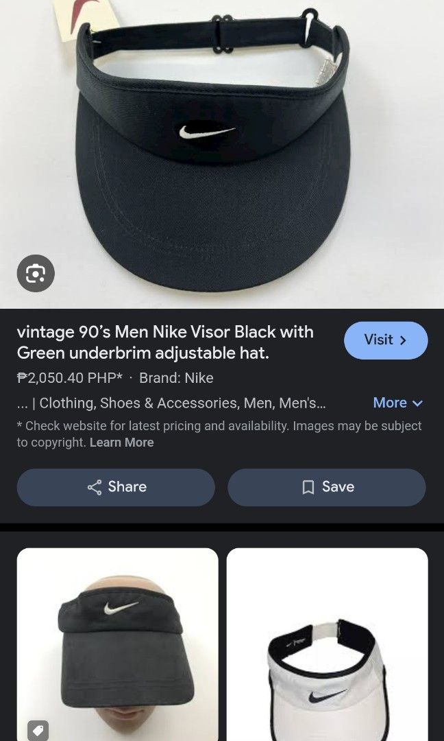 Nike men's visor 90's vintage (Category: Caps & Hats) located in Caloocan City. Submitted by camposingko (Listing ID 1320771591, Image 1). Description: OSFA EXCELLENT CONDITION 9.9/10 COLOR RATE 380+SF NALANG MGA BOSSING.