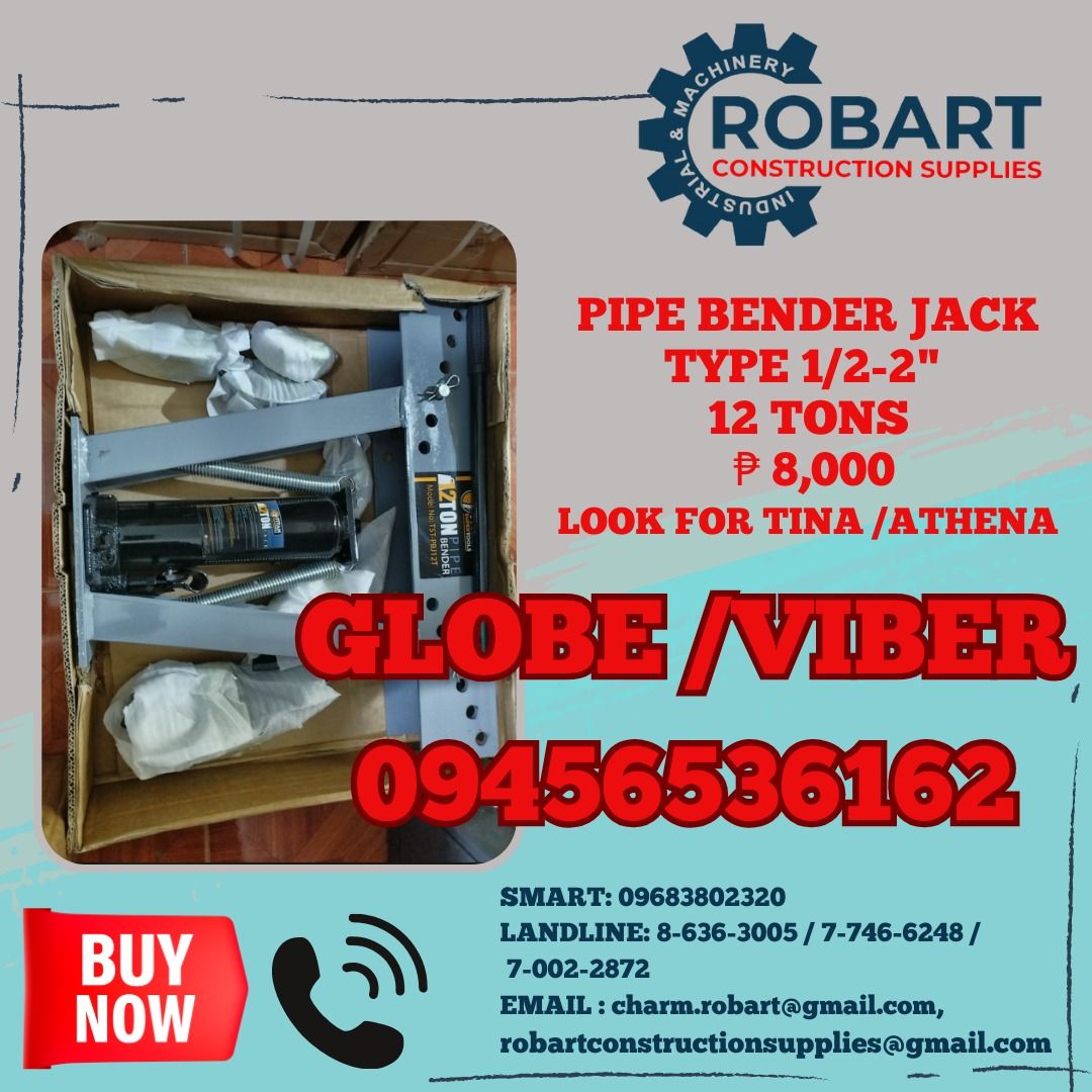 Pipe bender Jack type 1/2-2" 12 tons (Category: Construction Tools & Equipment) located in Manila. Submitted by tina.sales (Listing ID 1320818213, Image 1). Description: Pipe bender Jack type 1/2-2" 12 tons 𝑹𝑶𝑩𝑨𝑹𝑻 𝑪𝑶𝑵𝑺𝑻𝑹𝑼𝑪𝑻𝑰𝑶𝑵 𝑺𝑼𝑷𝑷𝑳𝑰𝑬𝑺 𝑶𝒇𝒇𝒊𝒄𝒆 𝑨𝒅𝒅𝒓𝒆𝒔𝒔: 𝟏𝟒𝟎𝟓 𝒀𝒖𝒔𝒆𝒄𝒐 𝑺𝒕. 𝑺𝒕𝒂 𝑪𝒓𝒖𝒛 𝑴𝒂𝒏𝒊𝒍𝒂 𝑺𝑬𝑵𝑫 𝑼𝑺 𝑴𝑬𝑺𝑺𝑨𝑮𝑬 𝑭𝑶𝑹 𝑰𝑵𝑸𝑼𝑰𝑹𝑰𝑬𝑺 ‼️ ‼️ 𝑮𝒍𝒃𝒆 - (𝟢𝟫𝟒𝟓-𝟔𝟓𝟑-𝟔𝟏𝟔𝟐) 𝑻.