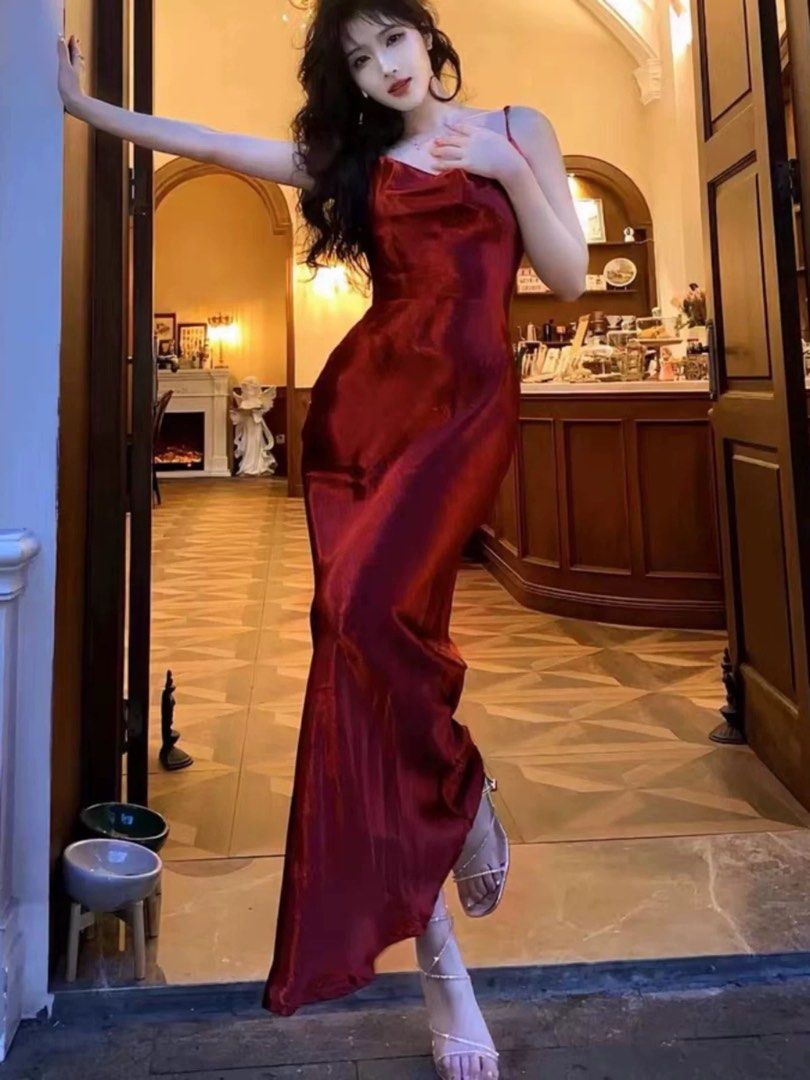 PO wine red satin like slip dress with cowl neck adjustable back Birthday tea party prom graduation celebration special occasion dnd gala dinner evening awards ceremony red carpet event formal photosh...