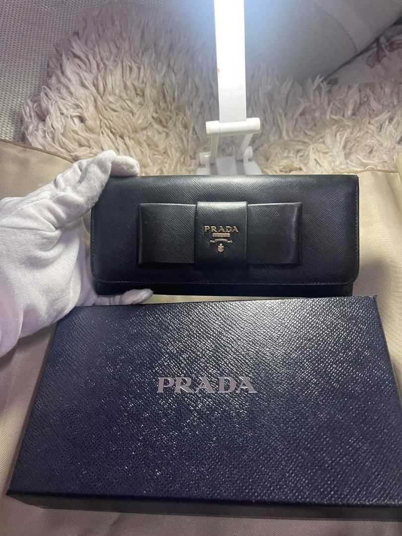 PRADA Logo SAFFIANO FIOCCO Ribbon Bifold Long Wallet BLACK Leather 19.5 cm WITH BOX AND CARE CARD Luxury Bags Wallets on Carousell