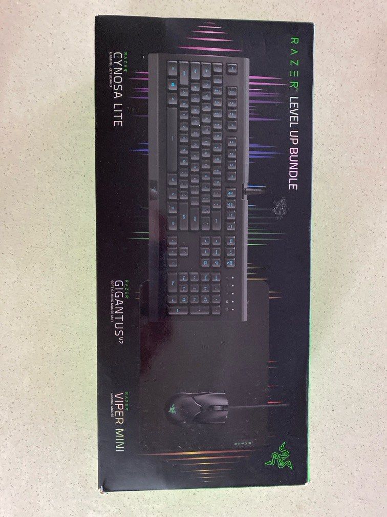 Razer level up bundle (Category: Computer Keyboard) located in Singapore. Submitted by addictsk (Listing ID 1320782887, Image 1). Description: Open keyboard and mouse to test. Cynosa lite keyboard - powered by razer chroma rgb with gaming grade keys with soft cushioned touch, fully programmable keys : with in the fly macro recording Gigantus v2 mouse mat - Textured micro weave cloth surface -for speed and control. Thick, high density rubber foam 
