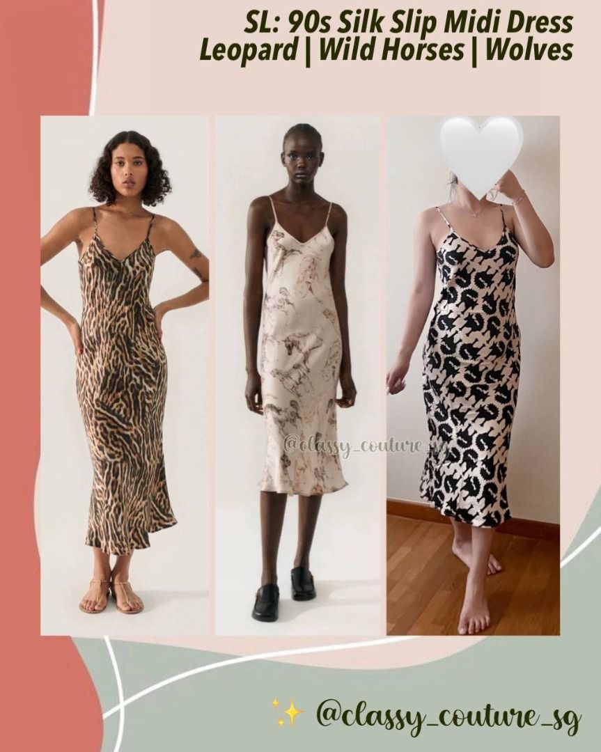 Silk Laundry 90s Silk Slip Midi Dress Animal Prints Wolves Leopard Wild Horses Women s Fashion Dresses Sets Dresses on Carousell