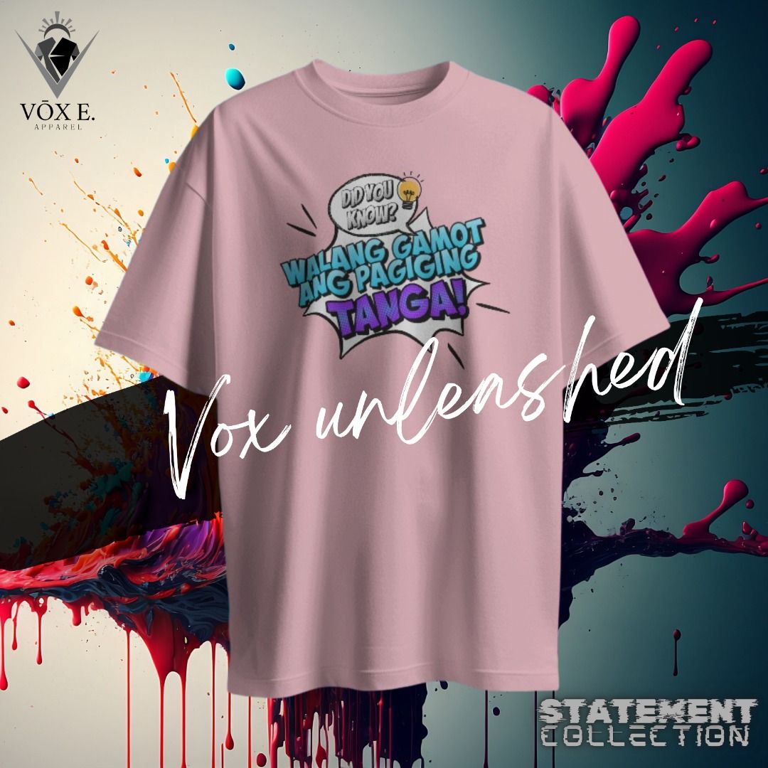 Statement shirt (Category: Luxury Apparel) located in Caloocan City. Submitted by vox.e.apparel (Listing ID 1320904865, Image 3). Description: Regular fit 80% cotton 20% polyester 240gsm DTF print High Quality ready to wear Sizes: M-2XL Color: Black, White, Pink, Violet, Brown, Beige.