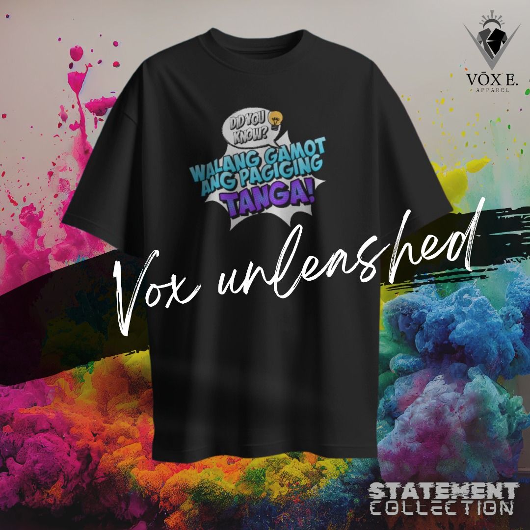Statement shirt (Category: Luxury Apparel) located in Caloocan City. Submitted by vox.e.apparel (Listing ID 1320904865, Image 2). Description: Regular fit 80% cotton 20% polyester 240gsm DTF print High Quality ready to wear Sizes: M-2XL Color: Black, White, Pink, Violet, Brown, Beige.