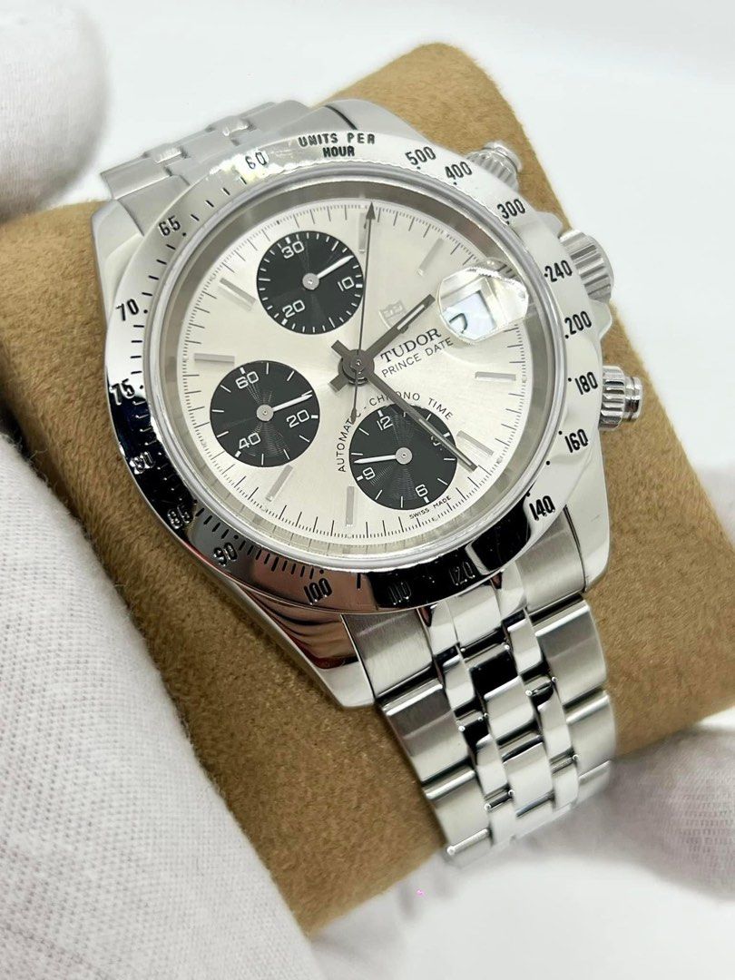 Tudor (Category: Luxury Watches) located in Cabanatuan. Submitted by albertgonzales27 (Listing ID 1320863816, Image 3). Description: Tudor Prince Date Chrono Panda dial Reference 79280P 2003 year model Chronograph automatic movement 40mm case size Caliber 7750 Rare silver sunburst dial w/ black subdials 9/10 excellent condition Watch only, Full links Trades accepted P260,000 only (negotiable for sure takers) For fast transaction call 09275402218.