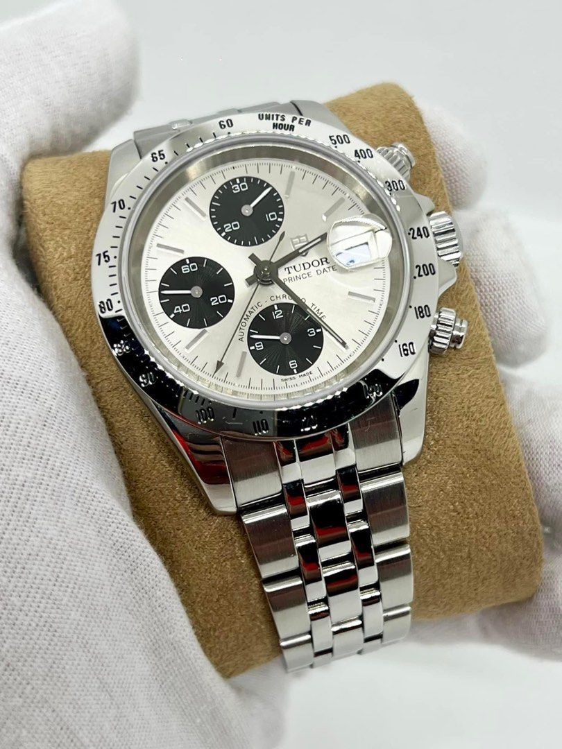 Tudor (Category: Luxury Watches) located in Cabanatuan. Submitted by albertgonzales27 (Listing ID 1320863816, Image 2). Description: Tudor Prince Date Chrono Panda dial Reference 79280P 2003 year model Chronograph automatic movement 40mm case size Caliber 7750 Rare silver sunburst dial w/ black subdials 9/10 excellent condition Watch only, Full links Trades accepted P260,000 only (negotiable for sure takers) For fast transaction call 09275402218.