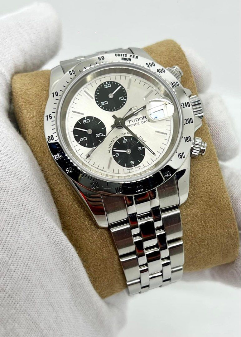Tudor (Category: Luxury Watches) located in Cabanatuan. Submitted by albertgonzales27 (Listing ID 1320863816, Image 1). Description: Tudor Prince Date Chrono Panda dial Reference 79280P 2003 year model Chronograph automatic movement 40mm case size Caliber 7750 Rare silver sunburst dial w/ black subdials 9/10 excellent condition Watch only, Full links Trades accepted P260,000 only (negotiable for sure takers) For fast transaction call 09275402218.