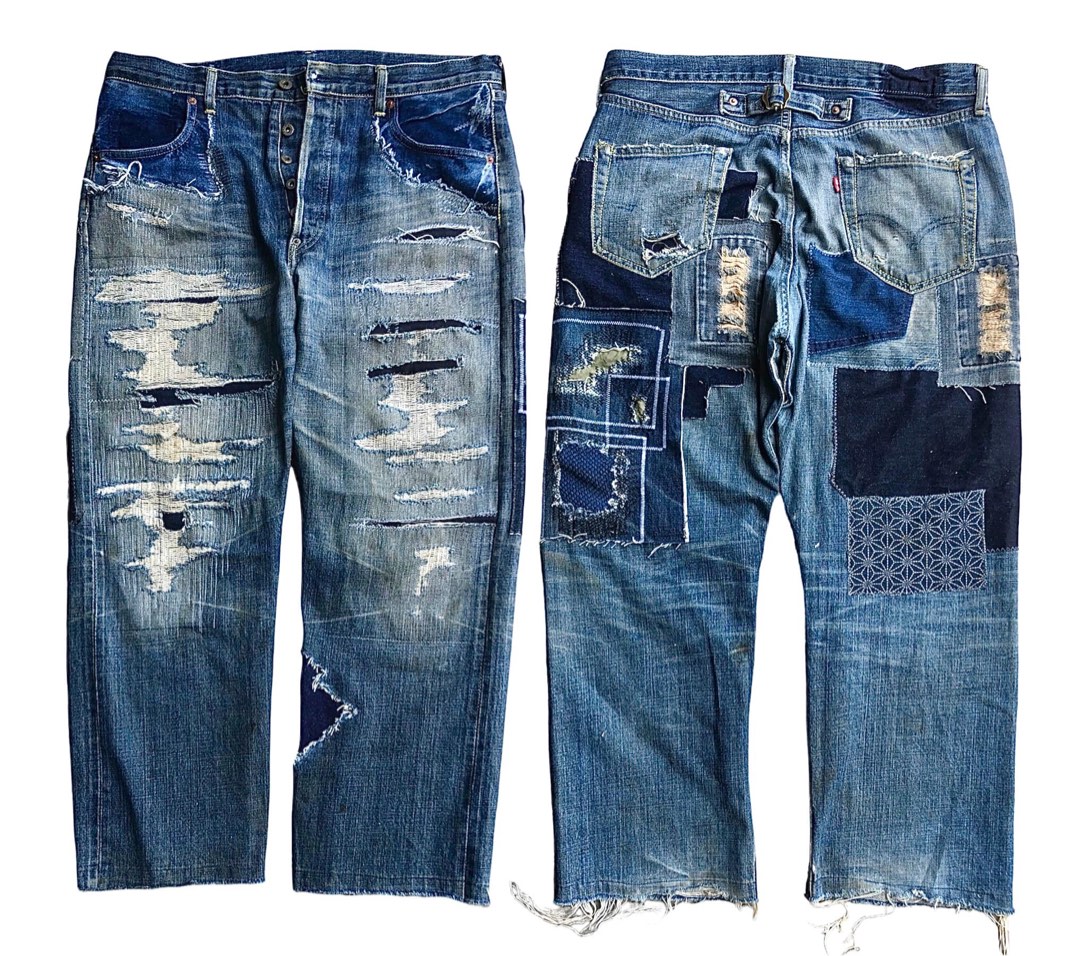 Vintage Levis 702xx Big E buckle Back Patchwork Jeans Boro Stitching Levis Selvedge Denim