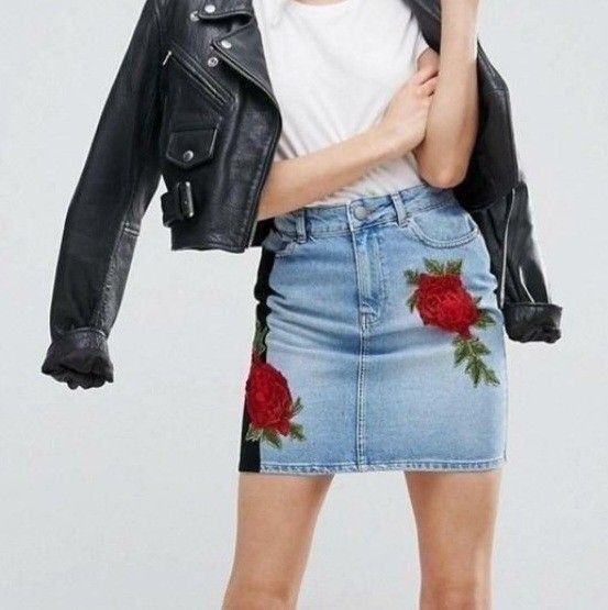 ASOS Denim Skirt in Rose Embroidered Embroidery Patch Details with Black Velvet Strip Women s Fashion Bottoms Skirts on Carousell