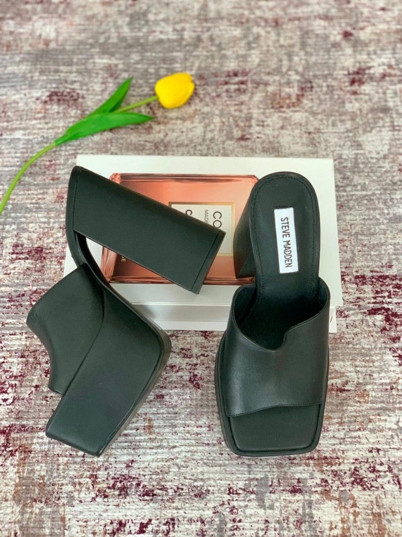 HARGA NET NO NEGO Ready Steve Madden Black Genuine Leather Trixie Black Platform Sandals Size 9 hell 15 cm Fesyen Wanita Sepatu di Carousell