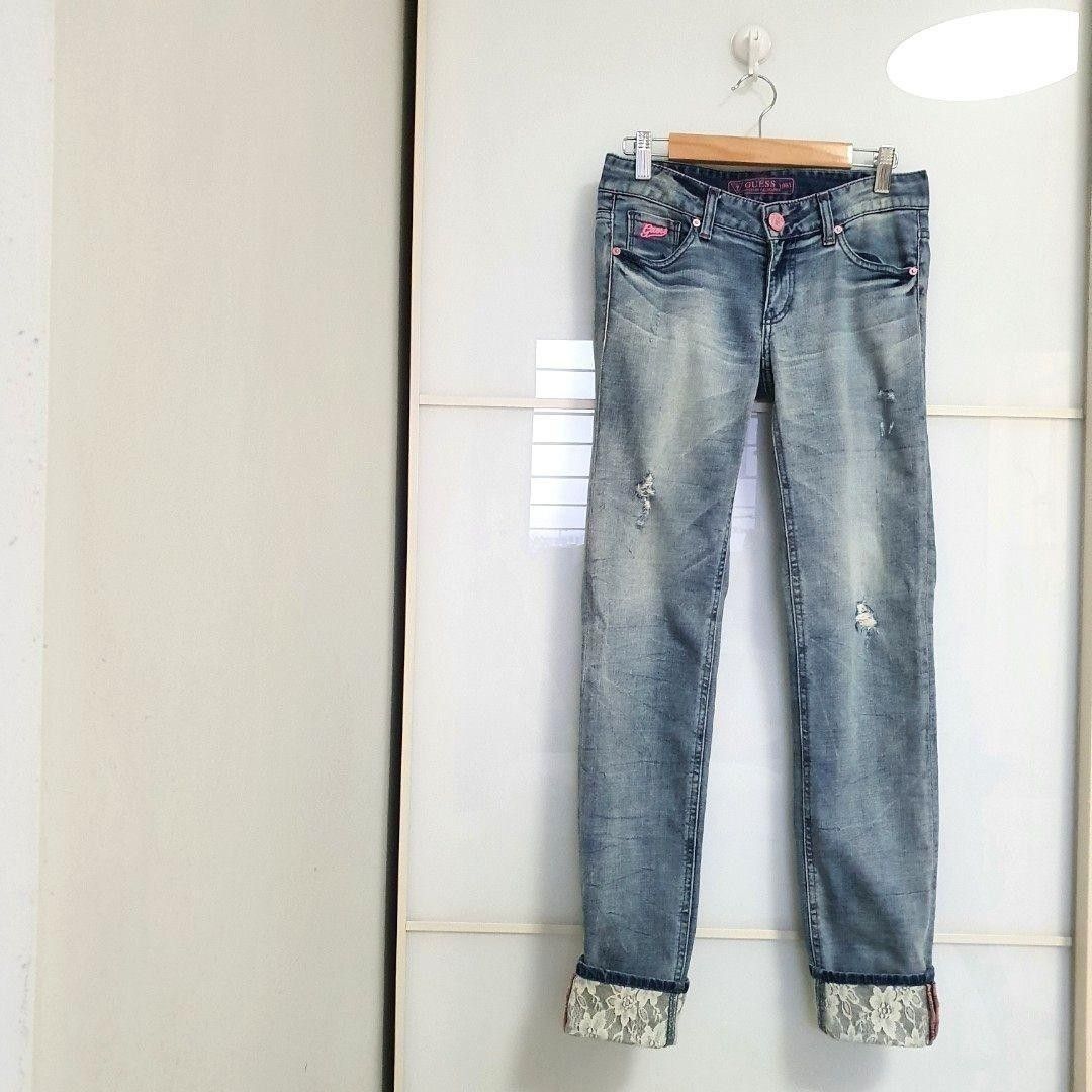 LIMITED EDITION GUESS Faded Wash SKY BLUE Ripped Straight Leg Jeans with Chantilly Lace Neon Pink Metal Logo Tag Made in Korea