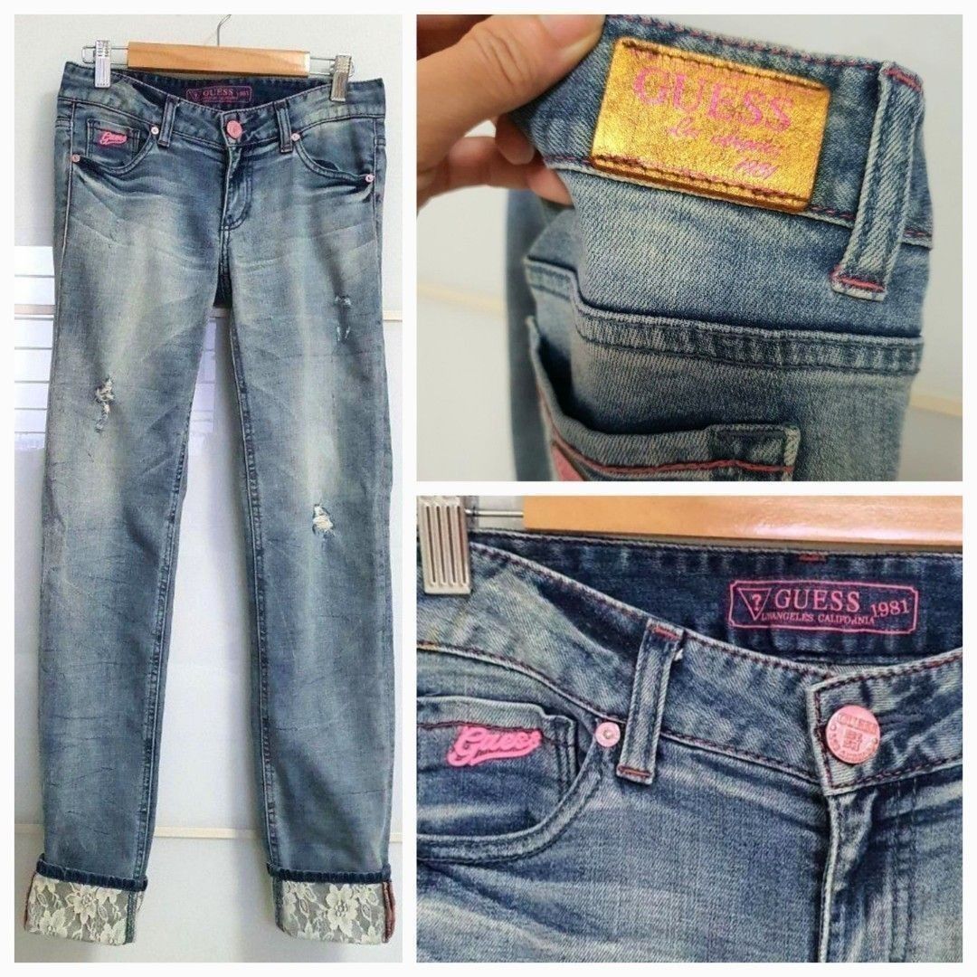 LIMITED EDITION GUESS Faded Wash SKY BLUE Ripped Straight Leg Jeans with Chantilly Lace Neon Pink Metal Logo Tag Made in Korea