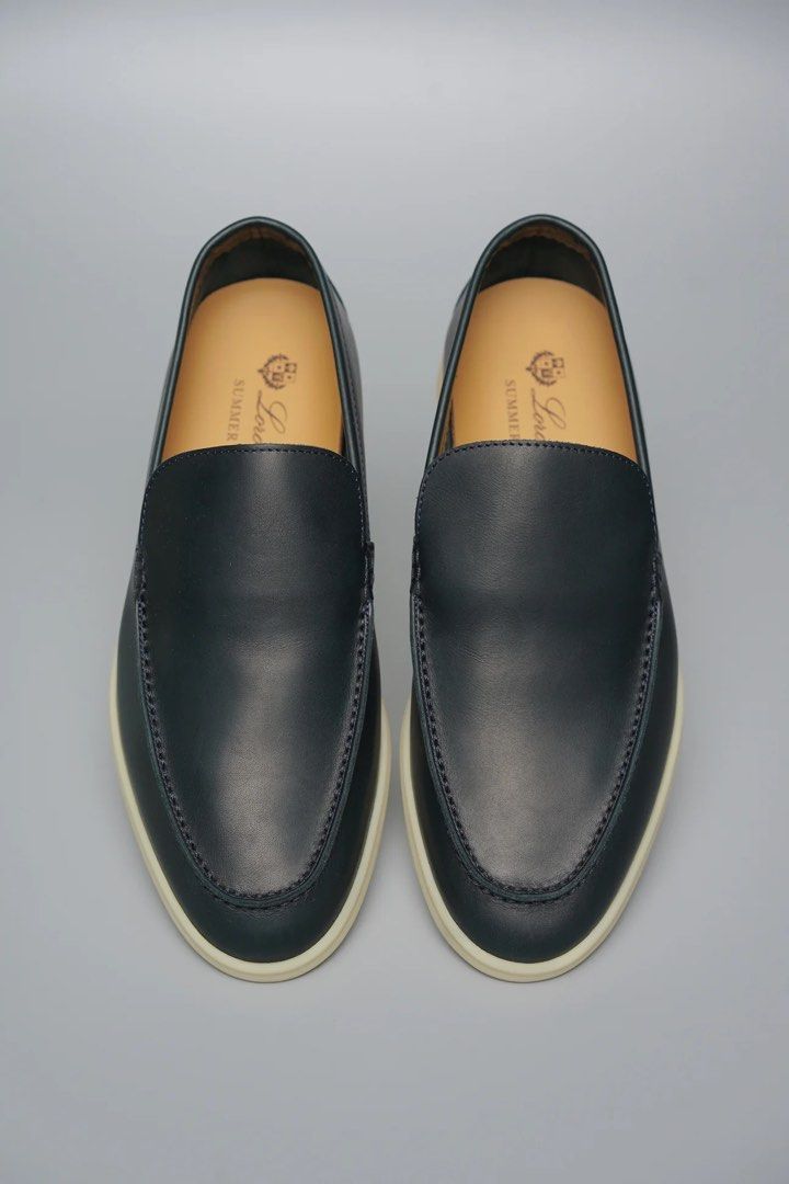 Loro Piana Summer Walk Leather Loafers in Navy Blue Size 39