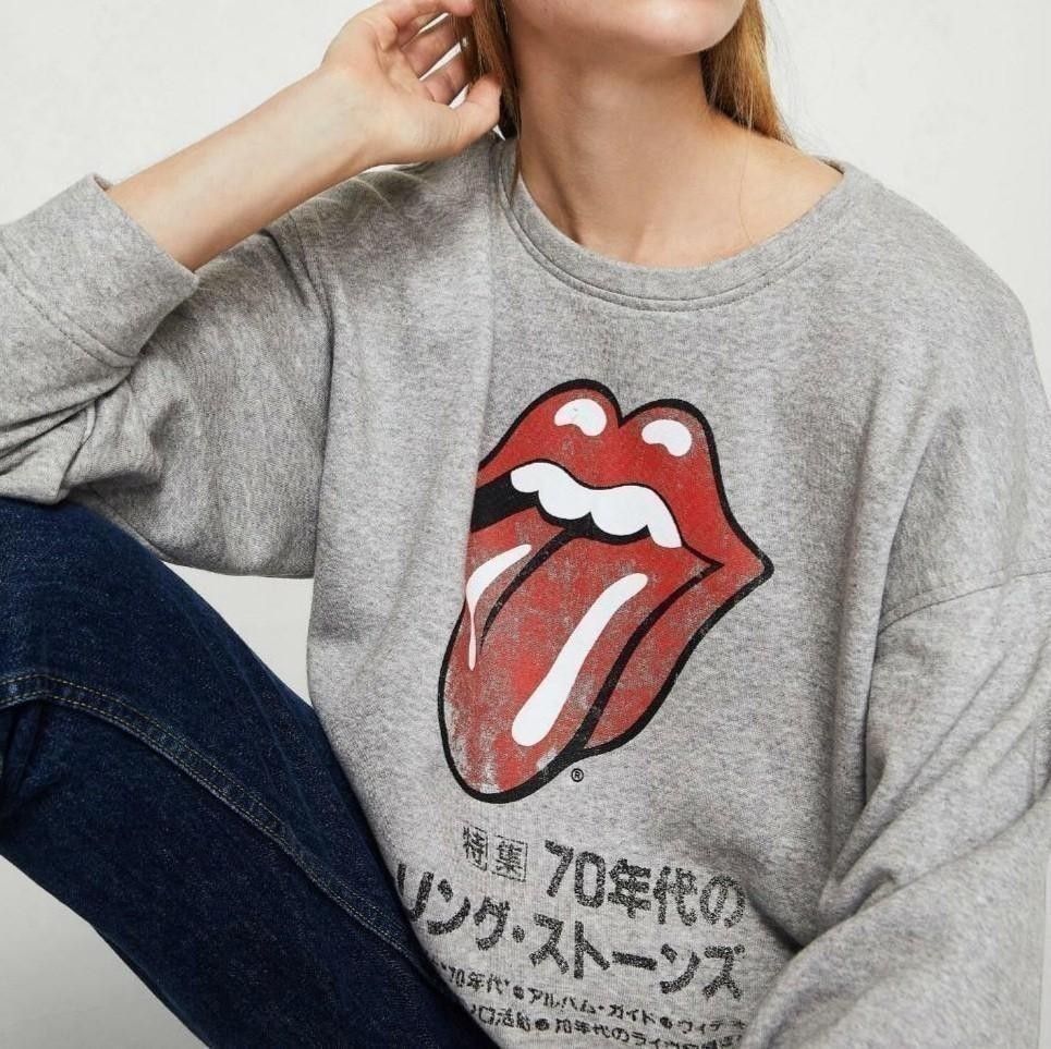 MANGO Rolling Stones Faded Vintage Look Boyfriend Sweatshirt Top in Heather Grey Women s Fashion Tops Longsleeves on Carousell