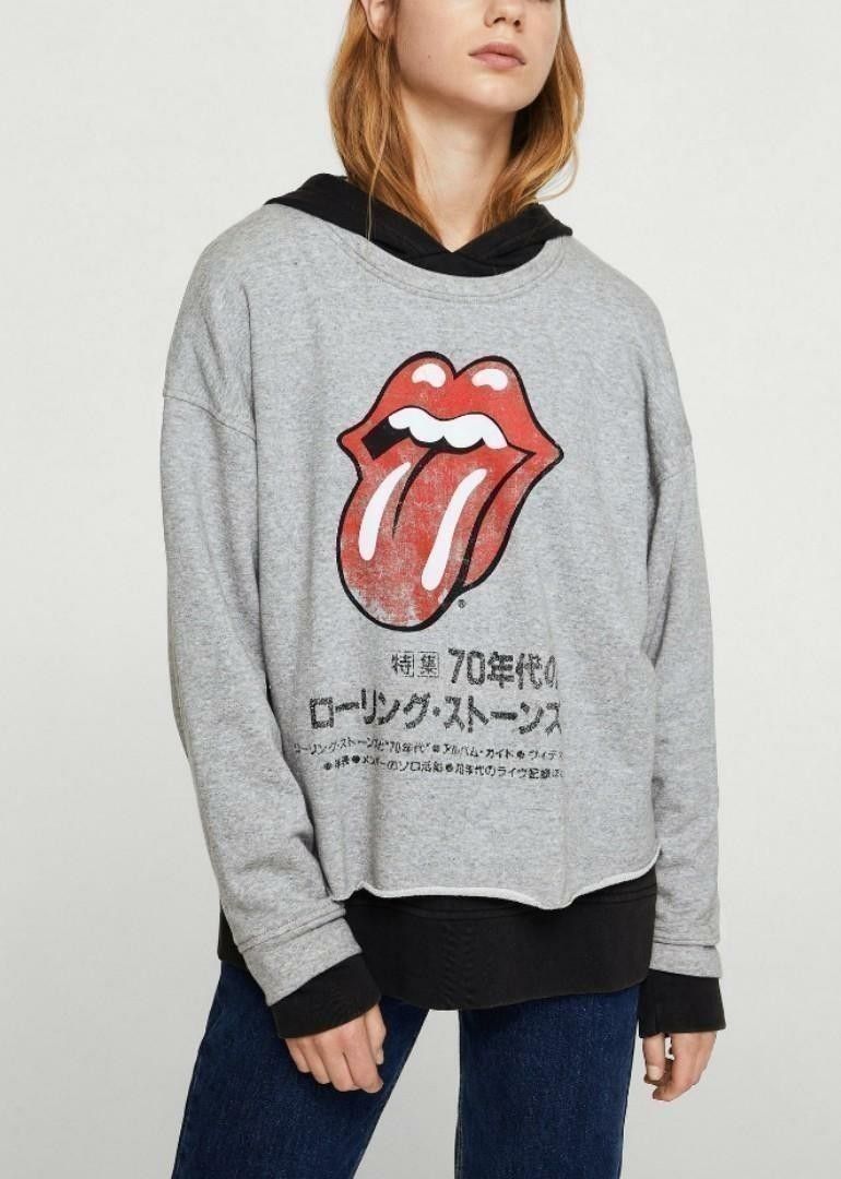 MANGO Rolling Stones Faded Vintage Look Boyfriend Sweatshirt Top in Heather Grey