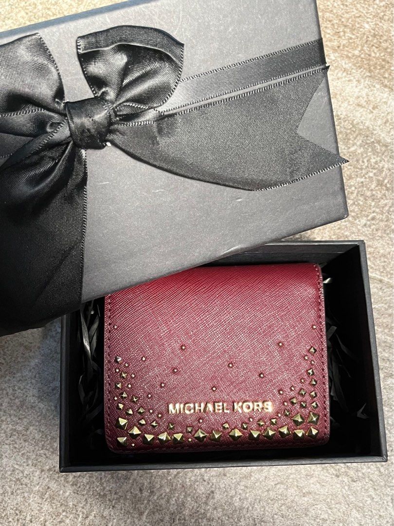 Michael Kors maroon short Wallet Studded Gold Women Women s Fashion Bags Wallets Wallets Card holders on Carousell
