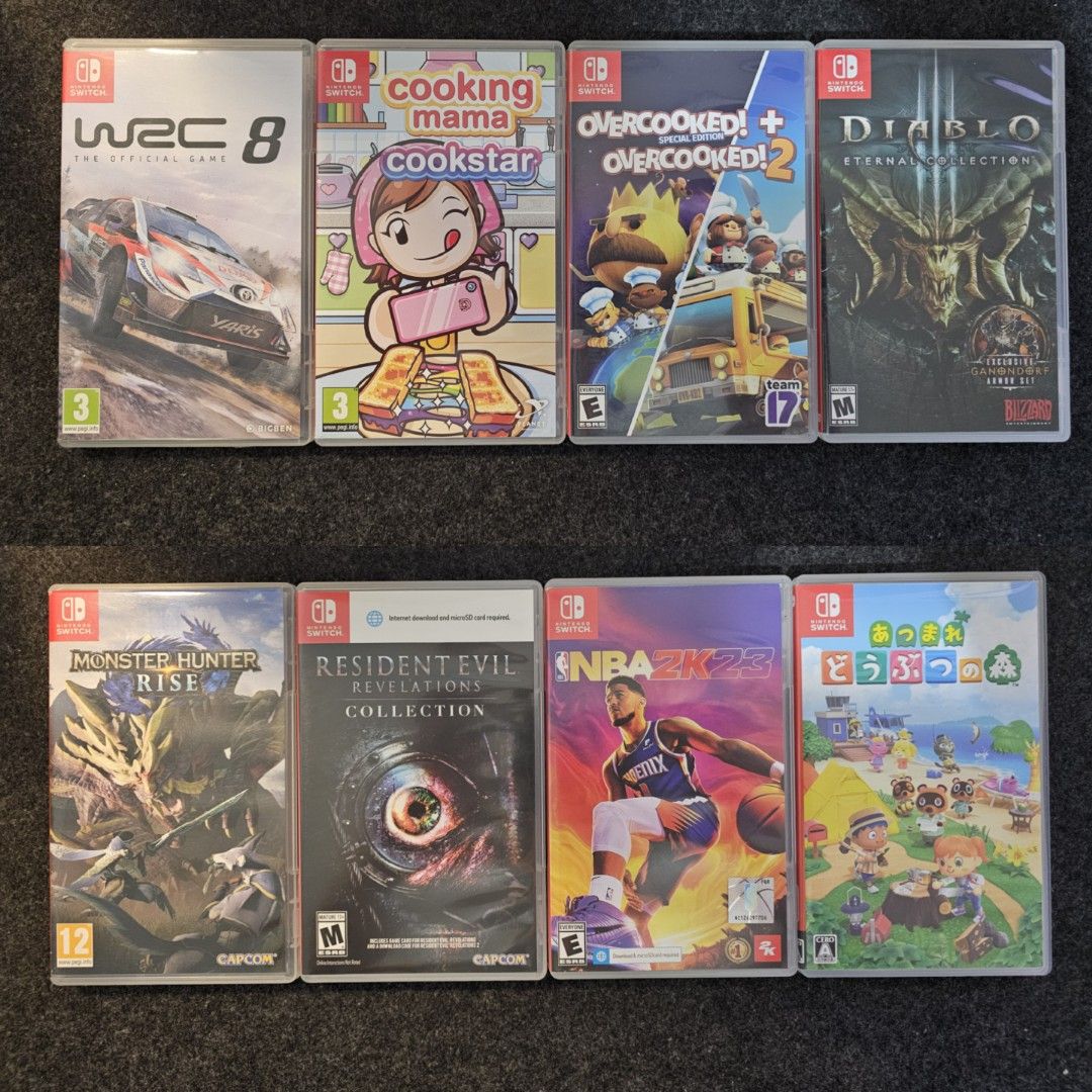 Nintendo Switch Games (Category: Nintendo) located in Paranaque City. Submitted by john020497 (Listing ID 1317845952, Image 1). Description: Cooking Mama Cookstar - 1100 WRC 8 - 1500 Overcooked! + Overcooked! 2 - 1100 Diablo III: Eternal Collection - 1400 Monster Hunter Rise - 1200 Resident Evil Revelations - 1200 NBA 2k23 - 900 Animal Crossing New Horizon - 1400 Parañaque area. Delivery via Lalamove/Grab..