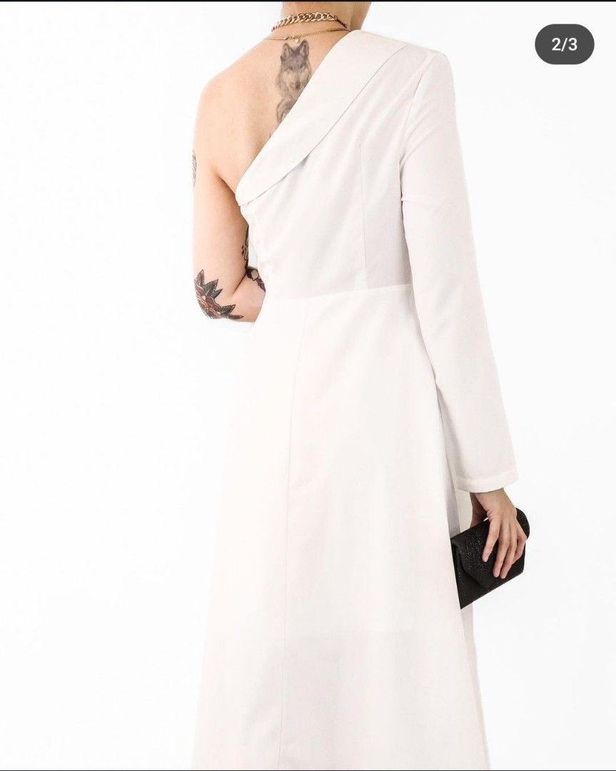 One shoulder overlap asymmetric hem dress (Category: Dresses) located in Muntinlupa City. Submitted by mce_curates (Listing ID 1317834873, Image 2). Description: Bought from madamecurator_ph on ig.