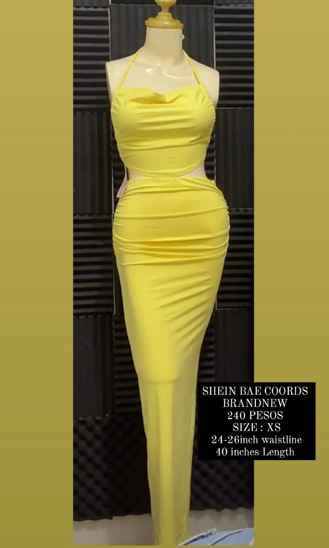 SHEIN BAE YELLOW COORDINATES LONG SKIRT HALTER TOP (Category: Sets or Coordinates) located in Caloocan City. Submitted by Paperseed (Listing ID 1317868208, Image 1). Description: 24 to 26 inches - waistline 40 inches - Length size - XS.