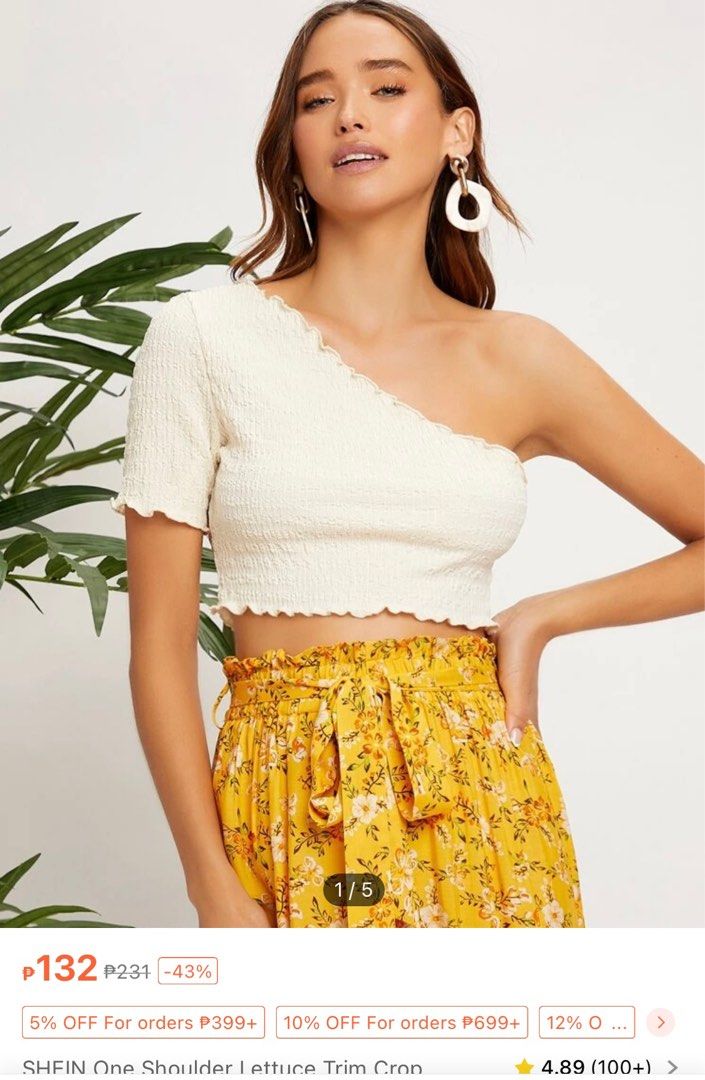 SHEIN One Shoulder Lettuce Trim Crop Top (Category: Sleeveless) located in Mandaluyong City. Submitted by marmaleids (Listing ID 1317739661, Image 1). Description: .