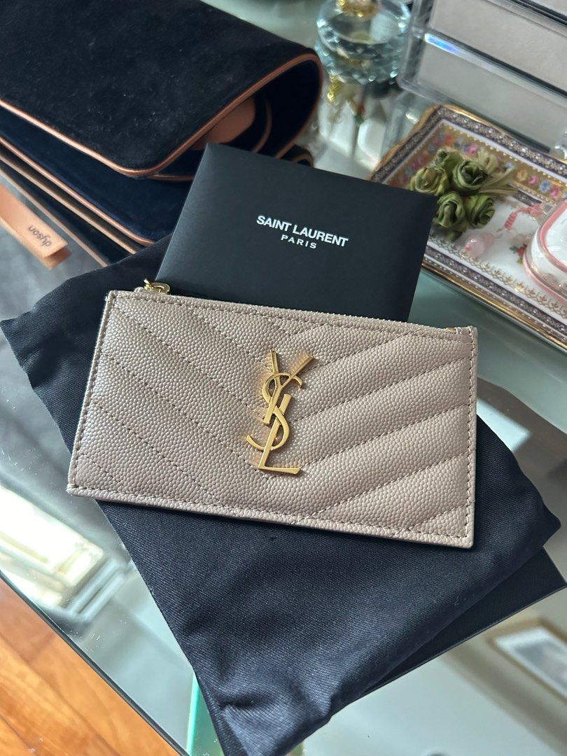 Authentic YSL Cassandre Matelasse Fragments Card Case In Grain De Poudre Leather Dark Beige