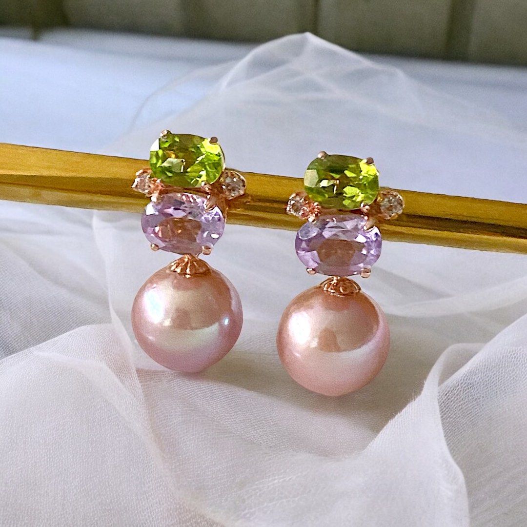 BEST BUY Peridot pink amethyst w Pearl earrings