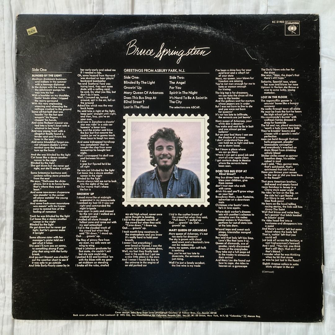 BRUCE SPRINGSTEEN (Greetings From Asbury Park) LP (Category: Vinyls) located in Cebu City. Submitted by timeless_treasure79 (Listing ID 1320955687, Image 2). Description: BRUCE SPRINGSTEEN (Greetings From Asbury Park) LP Price: 695php Genre: Folk Rock Pressing: US Record/Cover: NM/VG++ Item Code: BKW.