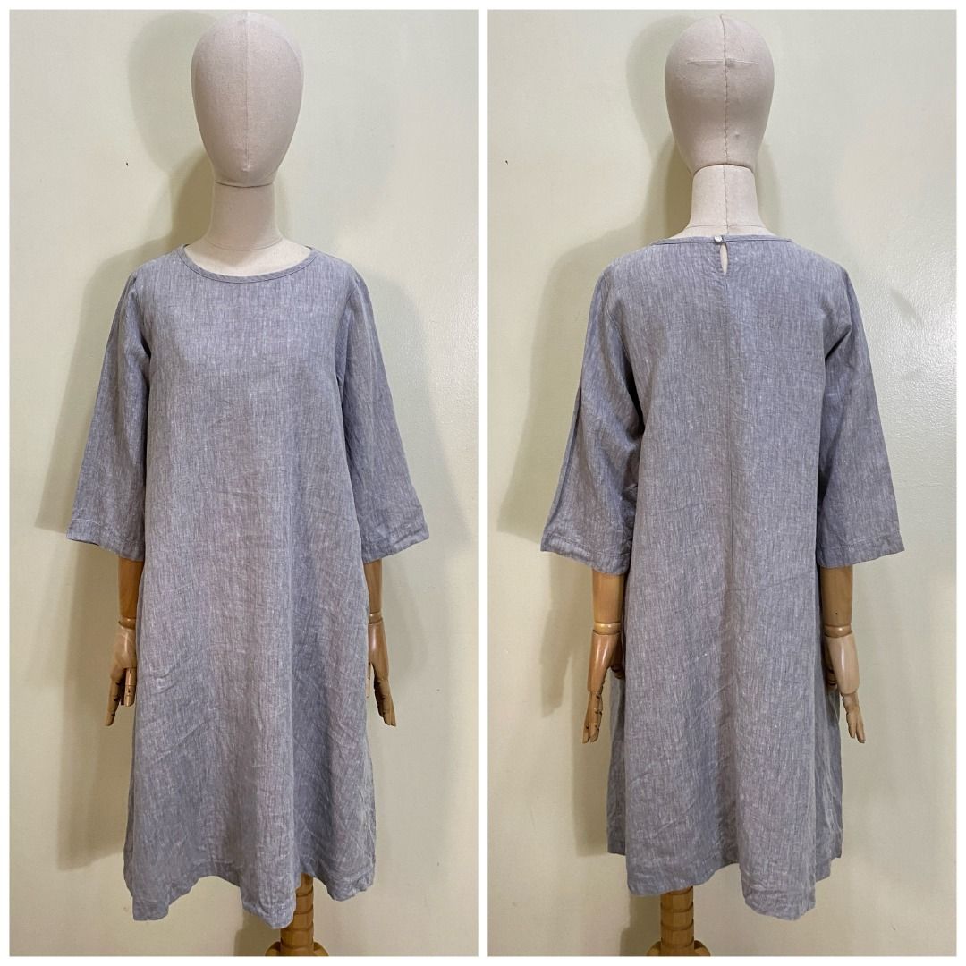 C236 Muji Gray 100 Linen Dress with Side Pockets Selling Low Women s Fashion Dresses Sets Dresses on Carousell