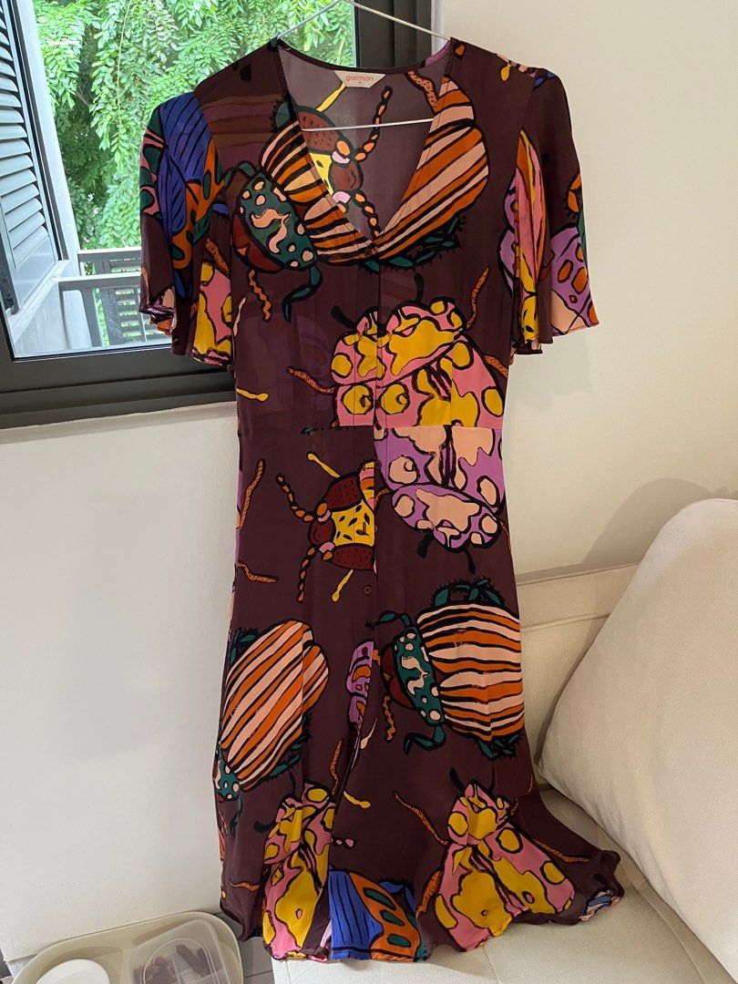 Gorman Beetle Juice Print Silk Dress Flutter Sleeves Midi Button Down Dress