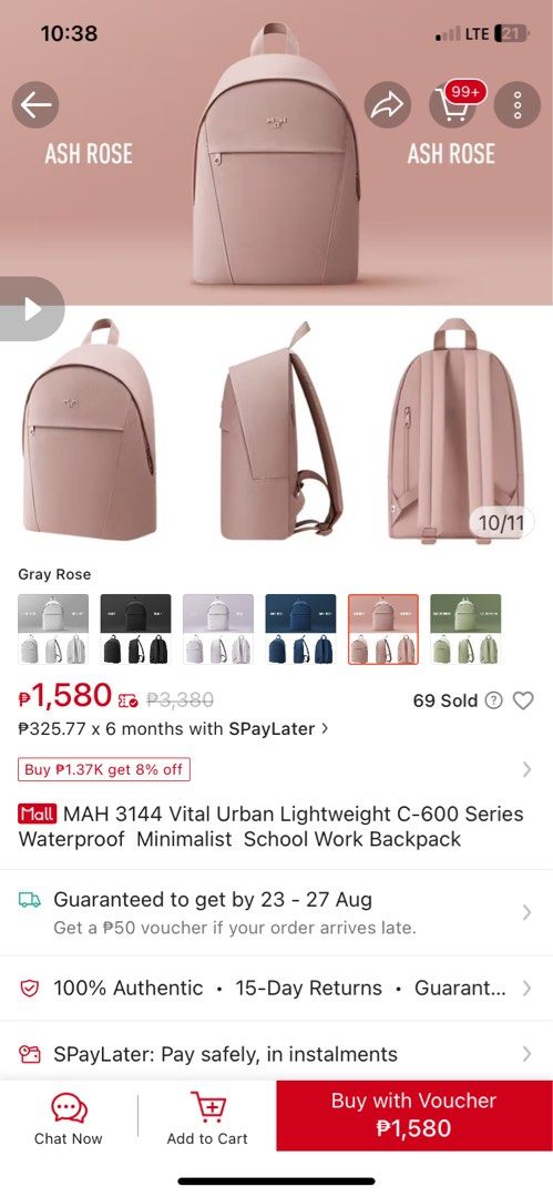 MAH Vital 600D Backpack (Ash Rose) (Category: Backpacks) located in Quezon City. Submitted by gutchiebb (Listing ID 1320430130, Image 2). Description: just got it but it doesn’t suit me pala :( got it for almost 1.6k will be buying a diff style.