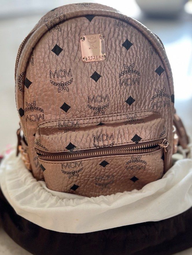 MCM Metallic Visetos Small Side Stud Stark Backpack Champagne Rose Gold limited edition