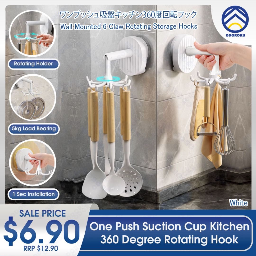 ODOROKU x Taili One Push Suction Cup Kitchen 360 Degree Rotating Hook No Drilling Nail Vacuum Suction Vertical Flip Hook Kitchen Utensil Hanger with 6