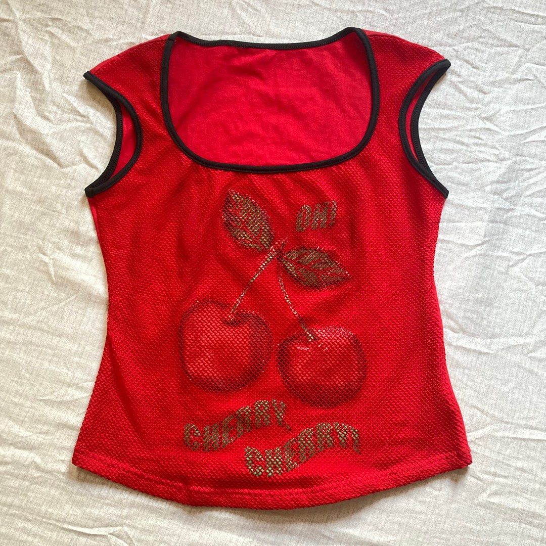 Rare Red Cherry Boat Neck Top (Category: Sleeveless) located in Manila. Submitted by mailed (Listing ID 1320957519, Image 1). Description: Pretty details! With fishnet/mesh deet outside Old piece (not rly vintage) but not thrifted as it is from my aunt’s closet Very good condition ❤️ S-M.