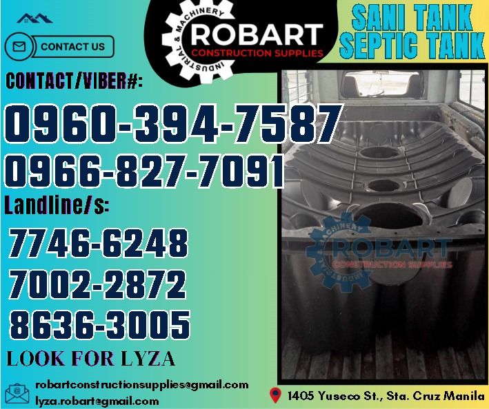 Sanitank Septic Tank (Category: Construction Tools & Equipment) located in Manila. Submitted by lyzarobart1999 (Listing ID 1321039347, Image 1). Description: Sanitank Septic Tank Model: SNSP1000 Size: 1000L 𝑹𝑶𝑩𝑨𝑹𝑻 𝑪𝑶𝑵𝑺𝑻𝑹𝑼𝑪𝑻𝑰𝑶𝑵 𝑺𝑼𝑷𝑷𝑳𝑰𝑬𝑺 𝒪𝒻𝒻𝒾𝒸𝑒 𝒜𝒹𝒹𝓇𝑒𝓈𝓈: 𝟣𝟦𝟢𝟧 𝒴𝓊𝓈𝑒𝒸𝑜 𝒮𝓉. 𝒮𝓉𝒶 𝒞𝓇𝓊𝓏 𝑀𝒶𝓃𝒾𝓁𝒶 ꜱᴇɴᴅ ᴜꜱ ᴍᴇꜱꜱᴀɢᴇ ꜰᴏʀ ɪɴQᴜɪʀɪᴇꜱ ‼️ ‼️ ɢʟᴏʙᴇ: (0966-827-7091) ꜱᴍʀᴛ - (0960-394-7587) ᴠɪʙʀ - (0960-394-758