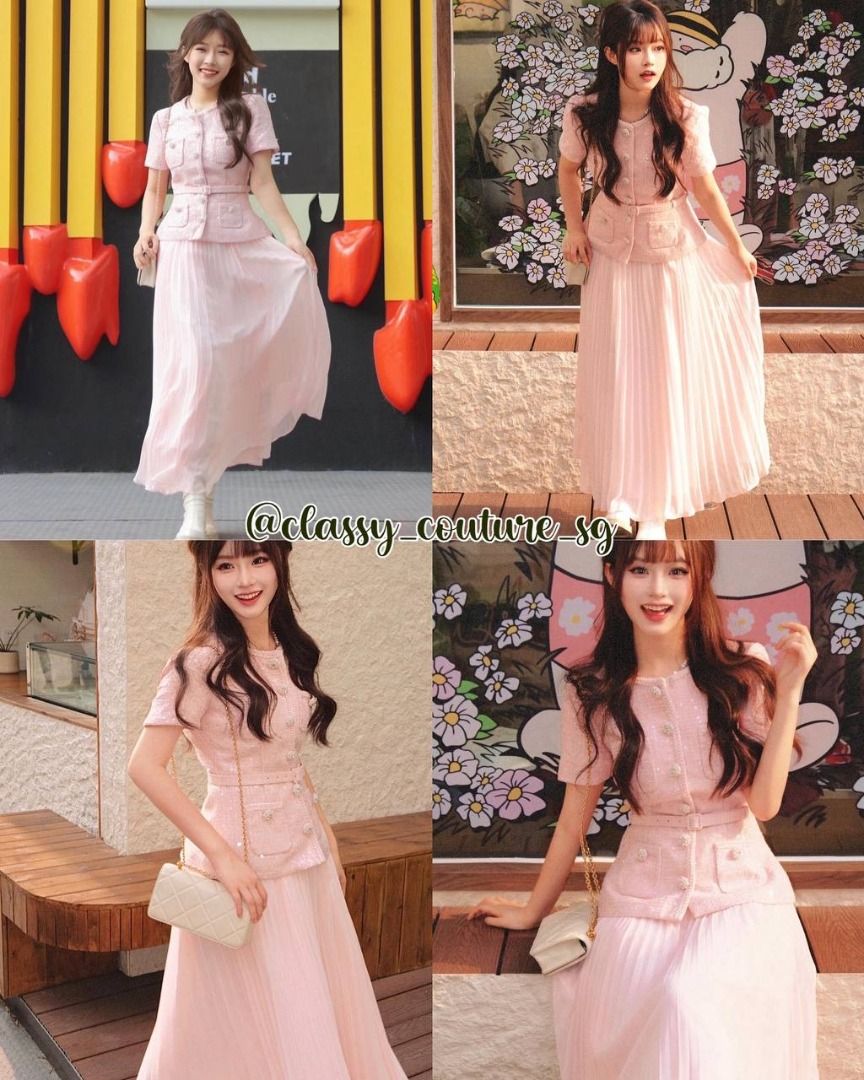 knee length dresses for ladies Pink Boucle Chiffon Midi Dress – self-portrait-US main image 1