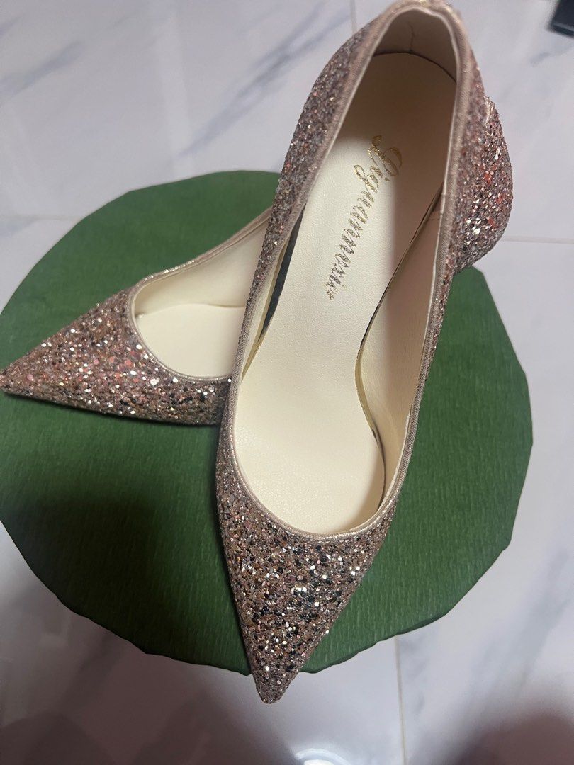 3 inch pointed glitter gold wedding heels