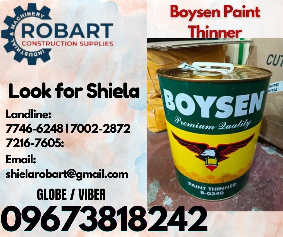 Boysen Paint Thinner (Category: Construction Tools & Equipment) located in Caloocan City. Submitted by shielaroba44709 (Listing ID 1321200355, Image 1). Description: Boysen Paint Thinner b-0340 1 Gallon 𝑹𝑶𝑩𝑨𝑹𝑻 𝑪𝑶𝑵𝑺𝑻𝑹𝑼𝑪𝑻𝑰𝑶𝑵 𝑺𝑼𝑷𝑷𝑳𝑰𝑬𝑺 Office Address: 1405 Yuseco St. Sta Cruz Manila SEND US MESSAGE FOR INQUIRIES ‼️ ‼️ Call: 09673818242 / 09662708845 Vibr - (09673818242) Landline: (𝟩𝟩𝟦𝟨-𝟨𝟤𝟦𝟪) / (𝟩𝟢𝟢𝟤-𝟤𝟪𝟩𝟤) / (