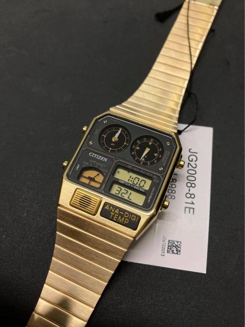 Citizen Retro Analog-Digital JG2008-81E (Category: Men's Watches) located in Manila. Submitted by seikowatchfactory (Listing ID 1321288532, Image 2). Description: Model: JG2008-81E Price: 8995 pesos Specifications: Case Diameter: 33mm Quartz Japan Movement Gold Tone Stainless Steel Case Gold Tone Stainless Steel Band Analog-Digital display 1/1000 Second Chronograph Dual Time Calendar (Day & Date display) Alarm Function Low Battery Warning Display
