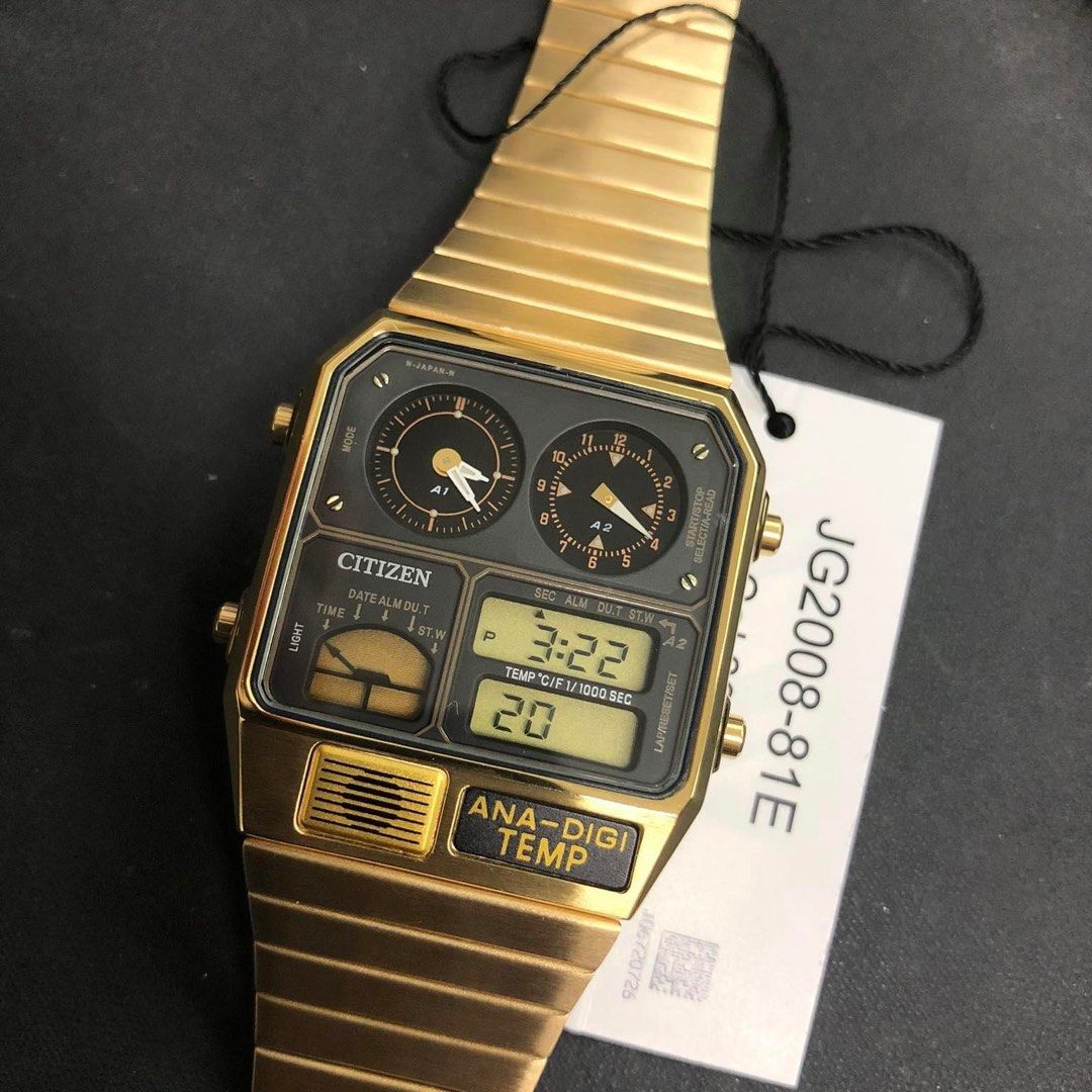 Citizen Retro Analog-Digital JG2008-81E (Category: Men's Watches) located in Manila. Submitted by seikowatchfactory (Listing ID 1321288532, Image 3). Description: Model: JG2008-81E Price: 8995 pesos Specifications: Case Diameter: 33mm Quartz Japan Movement Gold Tone Stainless Steel Case Gold Tone Stainless Steel Band Analog-Digital display 1/1000 Second Chronograph Dual Time Calendar (Day & Date display) Alarm Function Low Battery Warning Display